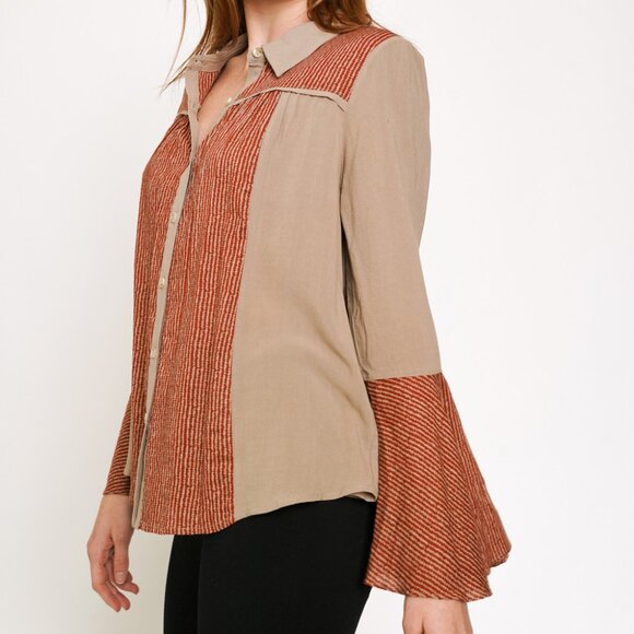 MYSTREE Taupe & Rust Boho Button Down Blouse, Flared Sleeve Casual Chic Top - Picture 4 of 9